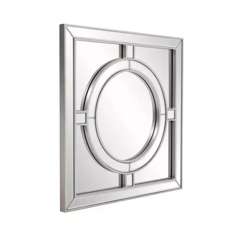 Miroir mural carré 50x50 cm : Bordure feuille d'argent couleur champagne, style Art Déco, fixation murale