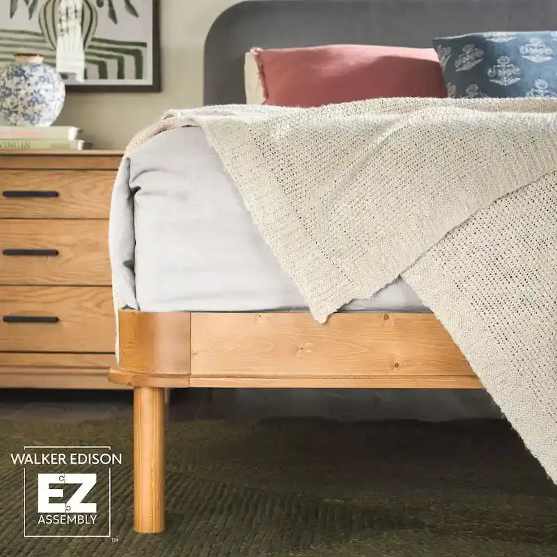 Walker Edison Solid Wood King Bed with Curved Upholstered Headboard