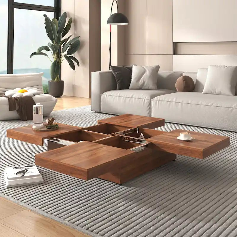 Square Marble Veneer Coffee Table Sliding Top with Storage in Walnut 39.4