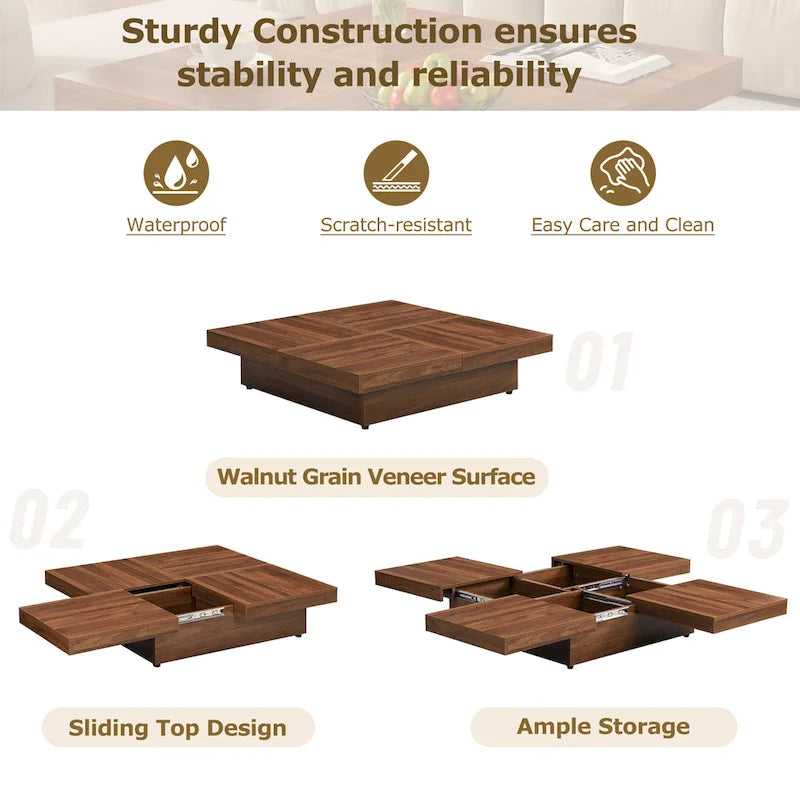 Square Marble Veneer Coffee Table Sliding Top with Storage in Walnut 39.4