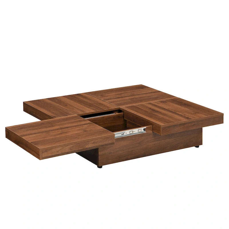 Square Marble Veneer Coffee Table Sliding Top with Storage in Walnut 39.4