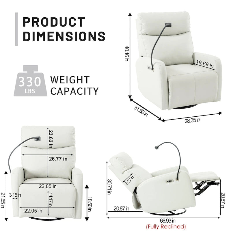 270 Degree Power Swivel Rocker Recliner Chair with USB Ports,Electric Glider Reclining Sofa,Leather Home Theater Seating
