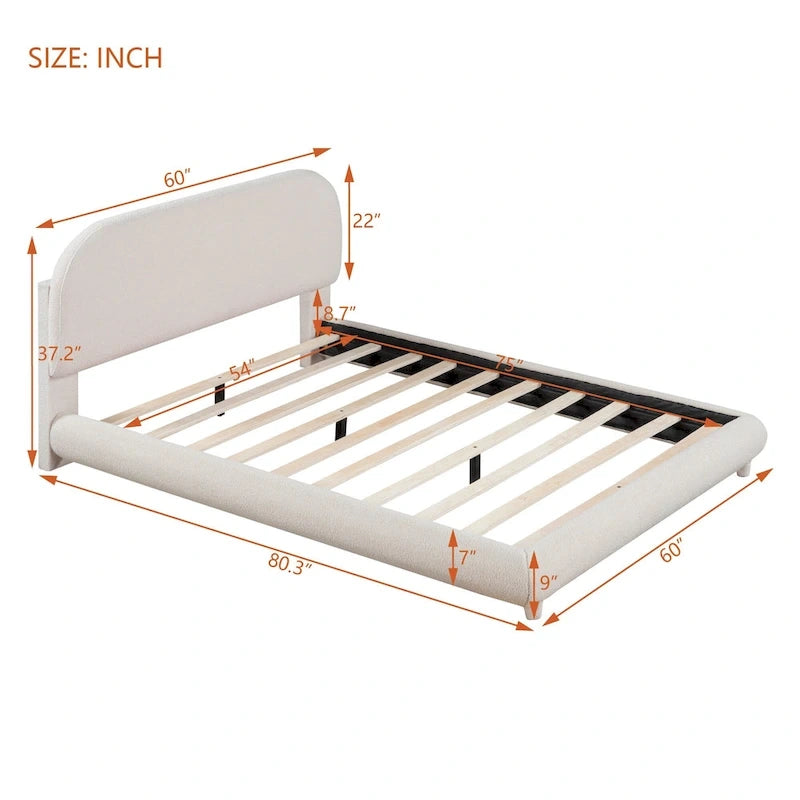 Curve Shaped Headboard Bed Frame, Teddy Fleece Upholstered Platform Bed with Thick Fabric, Wood Low Profile Bed Panel Bed