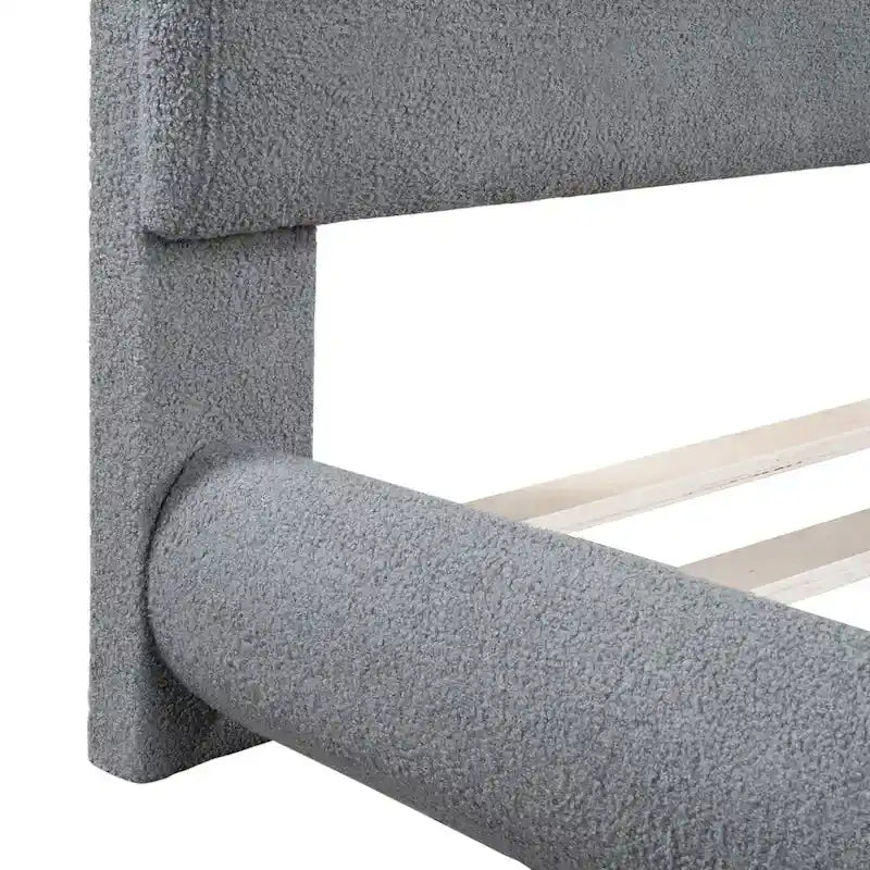 Curve Shaped Headboard Bed Frame, Teddy Fleece Upholstered Platform Bed with Thick Fabric, Wood Low Profile Bed Panel Bed