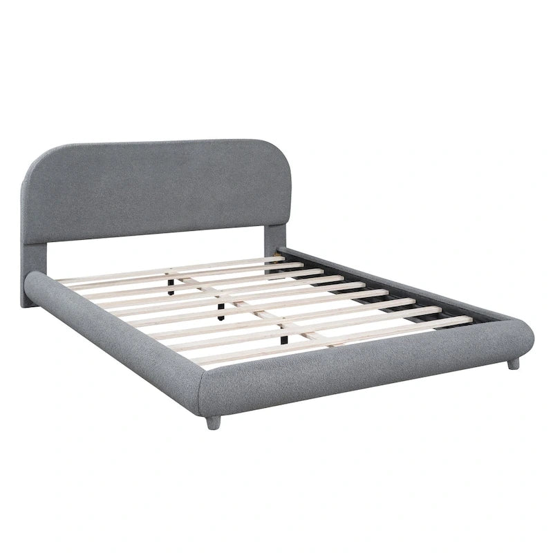 Curve Shaped Headboard Bed Frame, Teddy Fleece Upholstered Platform Bed with Thick Fabric, Wood Low Profile Bed Panel Bed