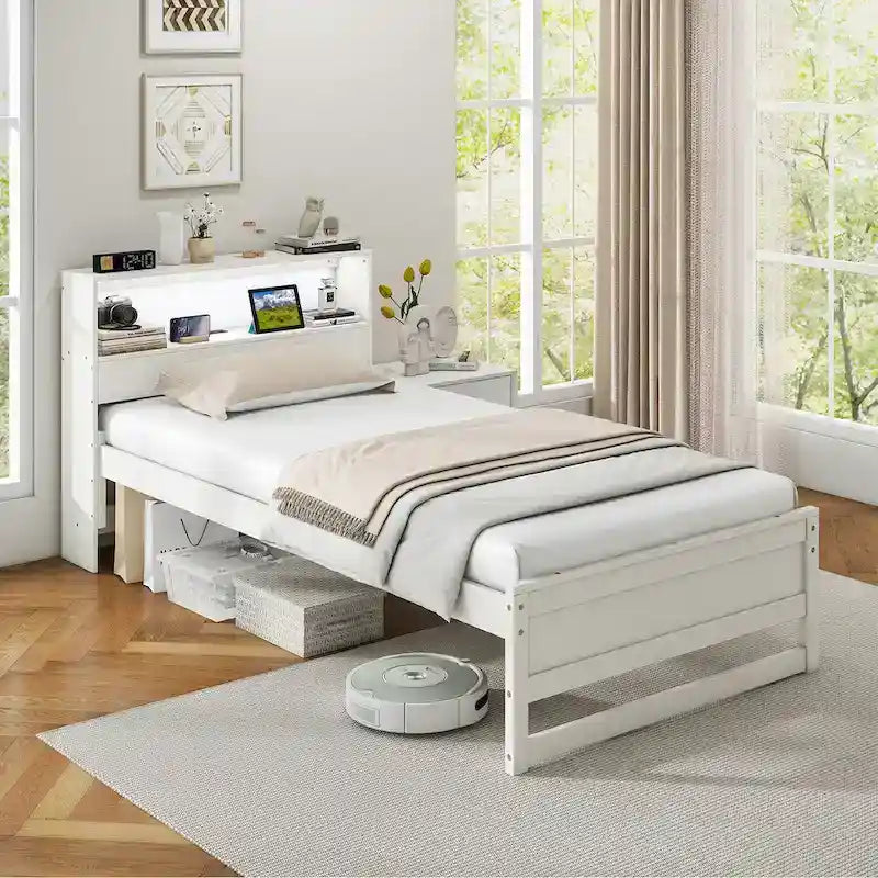 Gymax Twin Size Wooden Bed Frame w/ Charging Station & LED Light