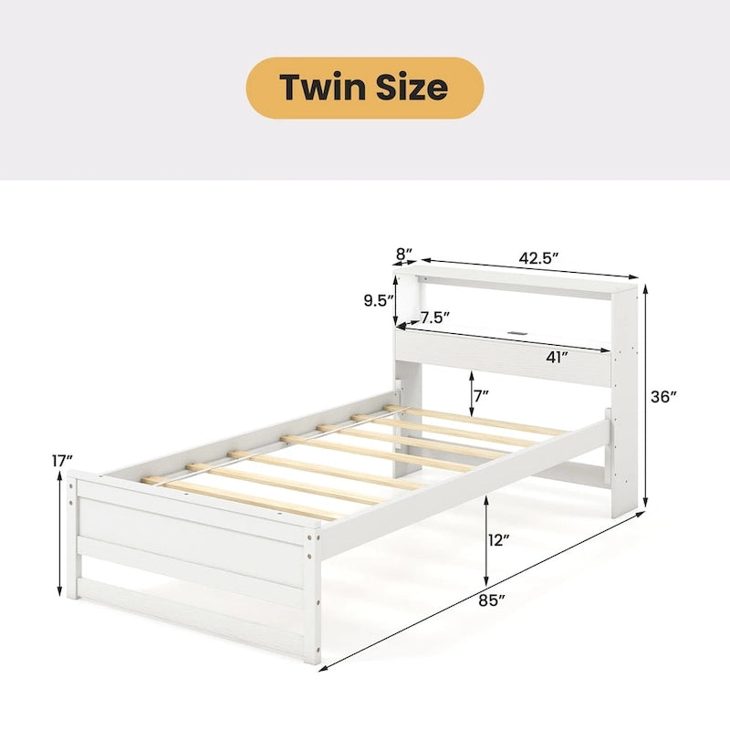 Gymax Twin Size Wooden Bed Frame w/ Charging Station & LED Light