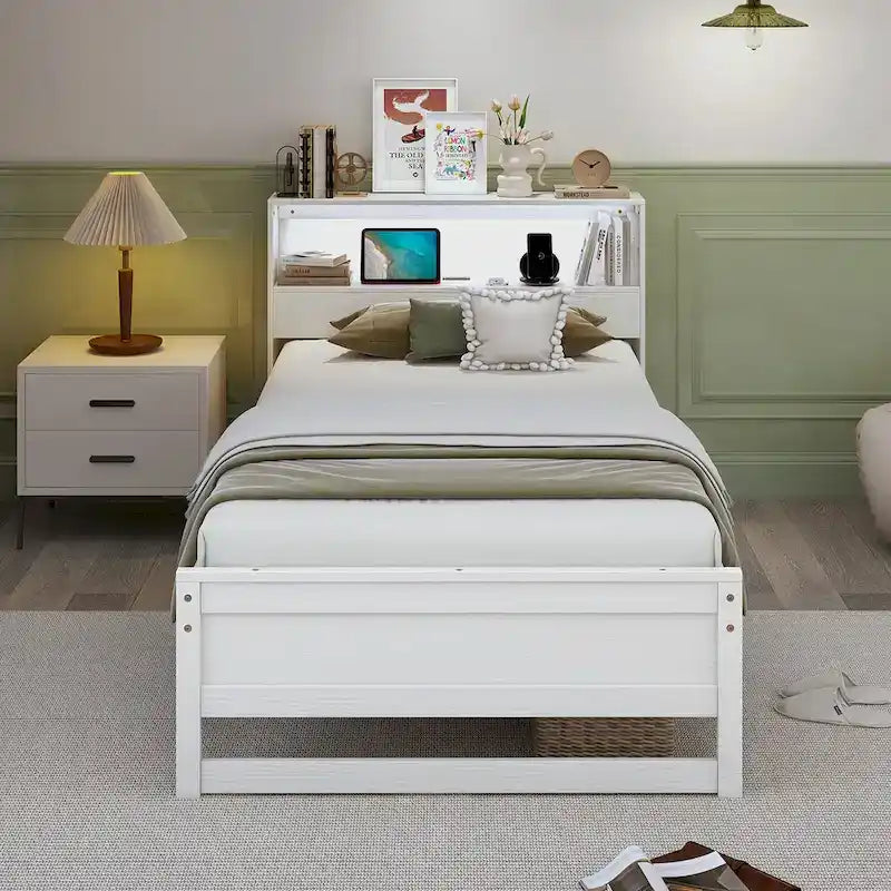 Gymax Twin Size Wooden Bed Frame w/ Charging Station & LED Light