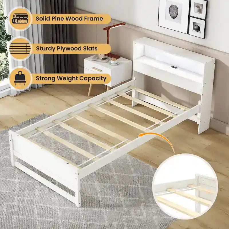 Gymax Twin Size Wooden Bed Frame w/ Charging Station & LED Light