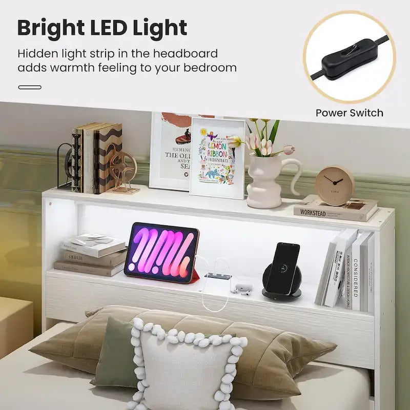 Gymax Twin Size Wooden Bed Frame w/ Charging Station & LED Light