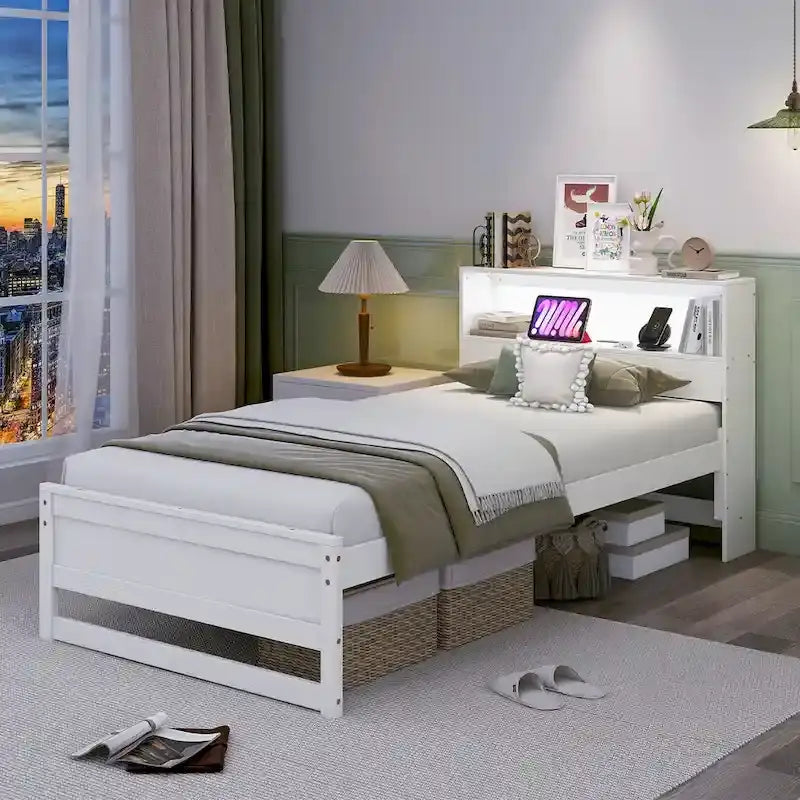 Gymax Twin Size Wooden Bed Frame w/ Charging Station & LED Light