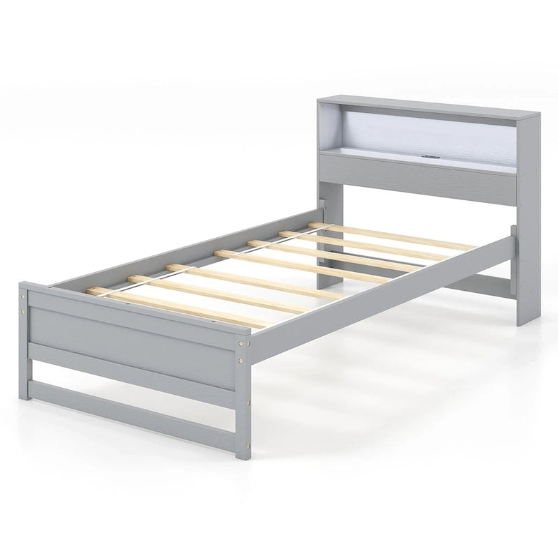 Gymax Twin Size Wooden Bed Frame w/ Charging Station & LED Light