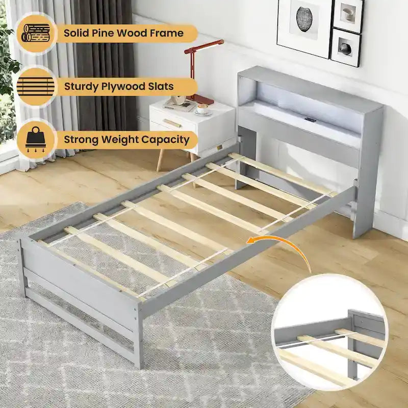 Gymax Twin Size Wooden Bed Frame w/ Charging Station & LED Light