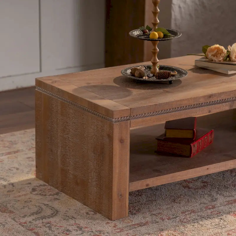 Rectangle Coffee Table with Solid Wood for Living Room, Large 2-Tier Rustic Coffee Table with Storage Shelf