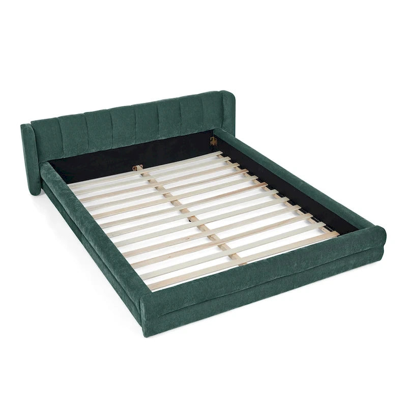 Chenille Fabric Grounded Bed, Thick Fabric Upholstered Bedframe Queen Size Low Wingback Bed with Solid Wood Slat Support Frame