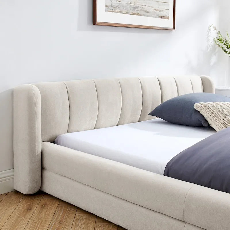 Chenille Fabric Grounded Bed, Thick Fabric Upholstered Bedframe Queen Size Low Wingback Bed with Solid Wood Slat Support Frame