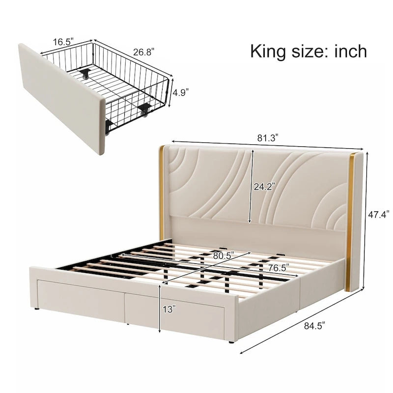 Velvet Upholstered Platform Bed with Smart Ambient Strip Lights Wingback Headboard, and Endbed Pull-out Storage Drawers