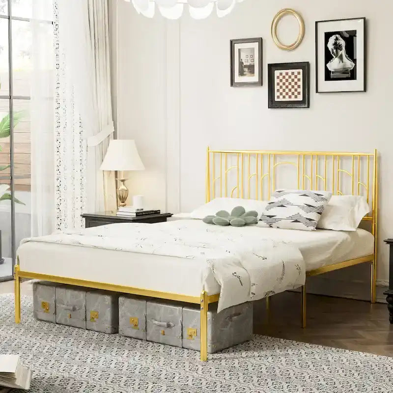 Queen Size Platform Bed Frame with Decorative Finial Posts, Under-Bed Storage, and No Box Spring Needed