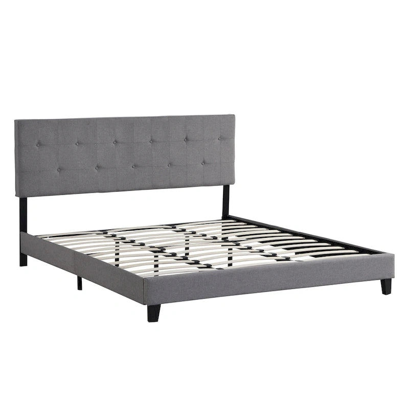 Grey King Linen Bed with Tufted Headboard