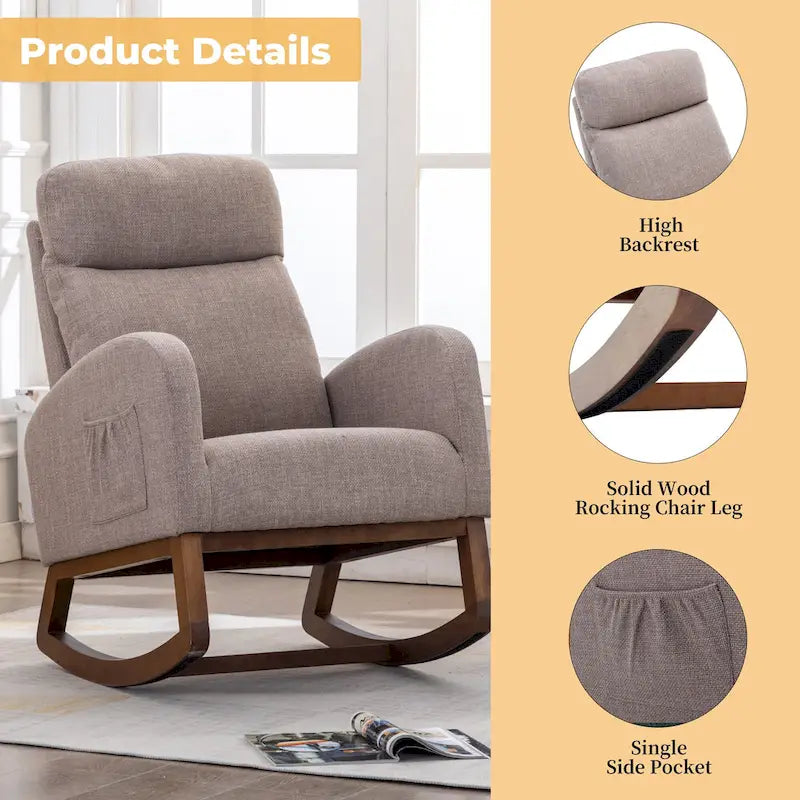 Modern 27 Upholstered Rocking Chair with Wood Legs and Side Pocket