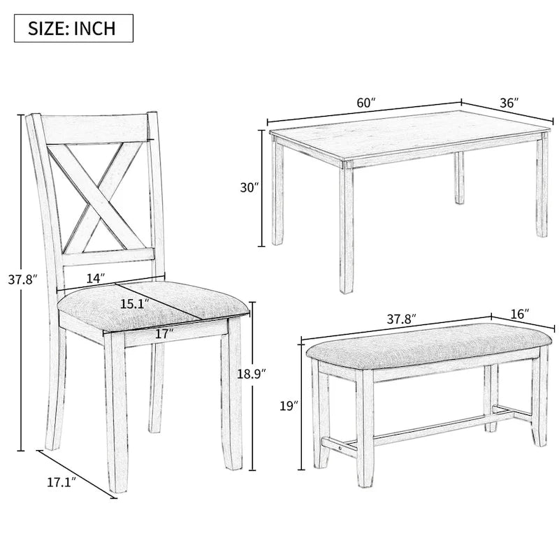 Gray Traditional 6-Piece Wooden Dining Table Set with 4 Upholstered Chairs and Bench