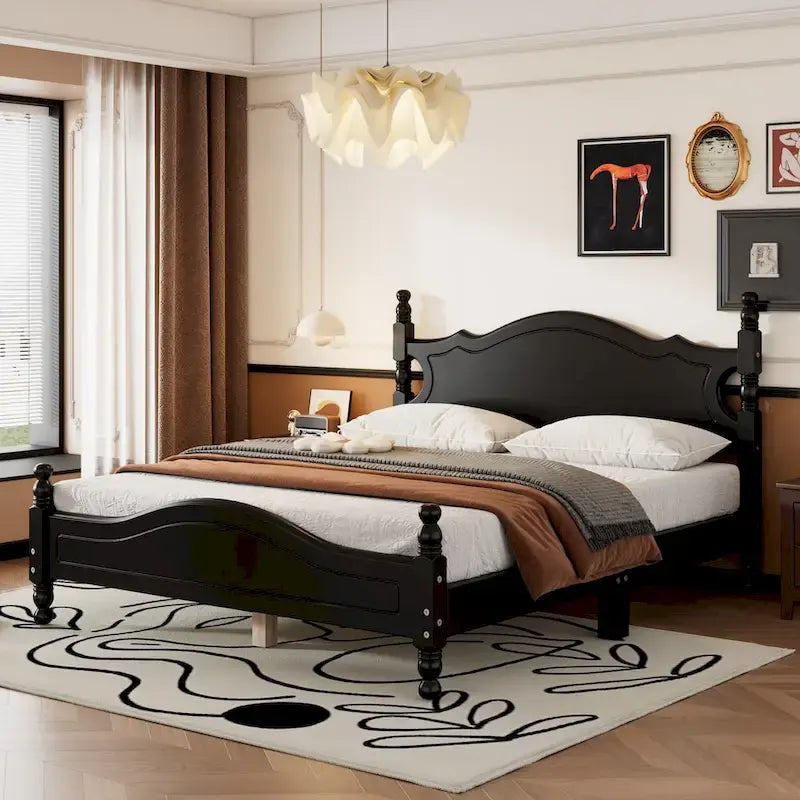 Retro Pine Platform Bed with Headboard and Footboard