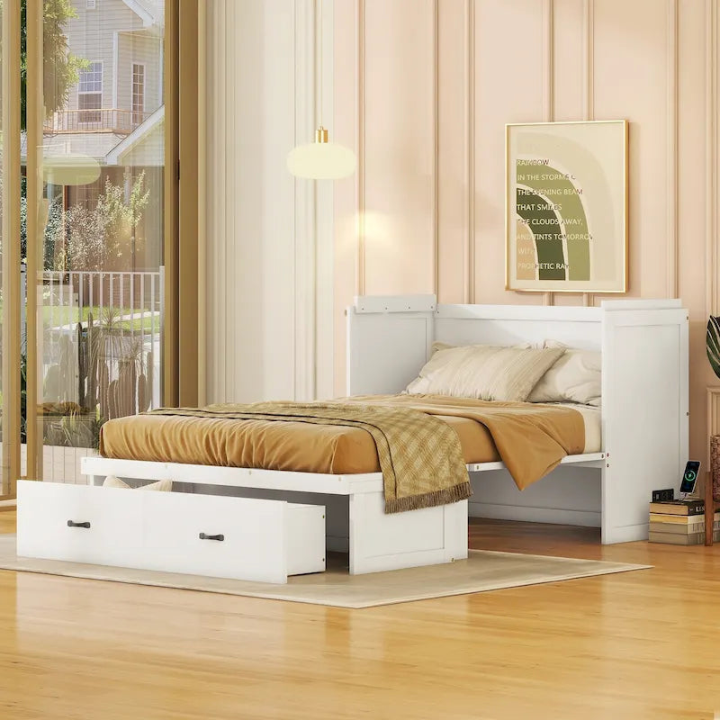 Full Pine Murphy Bed with USB & Drawer