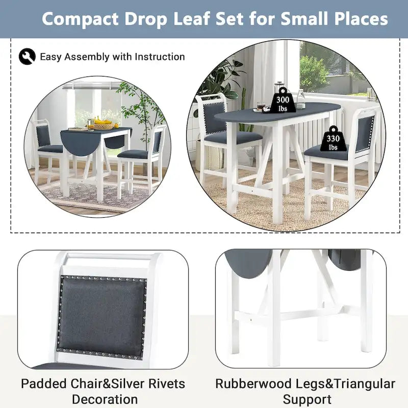 Rustic Style Wooden 3-Piece Dining Table Set with Drop Leaf and 2 Upholstered Dining Chairs
