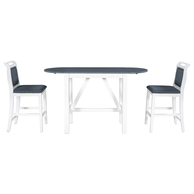Rustic Style Wooden 3-Piece Dining Table Set with Drop Leaf and 2 Upholstered Dining Chairs