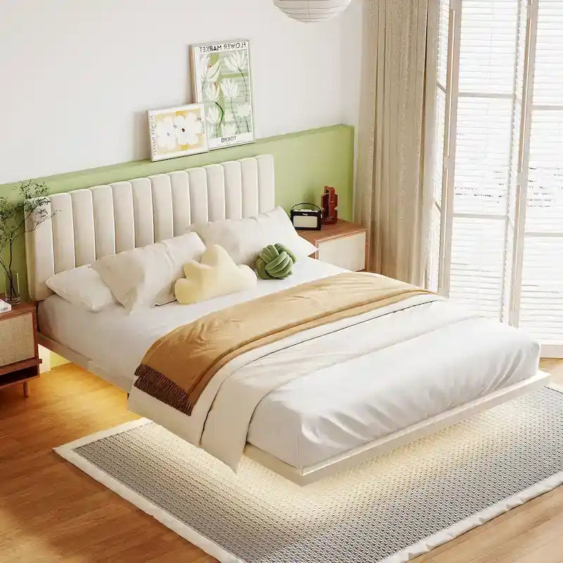 Velvet Floating Queen Upholstered Platform Bed, Sensor Light, Solid Build