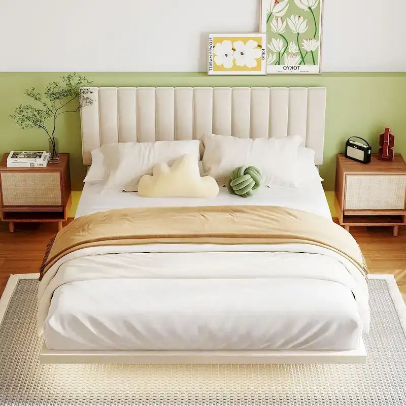 Velvet Floating Queen Upholstered Platform Bed, Sensor Light, Solid Build