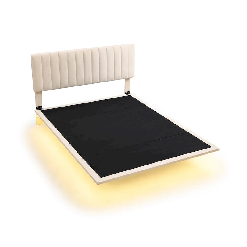 Velvet Floating Queen Upholstered Platform Bed, Sensor Light, Solid Build