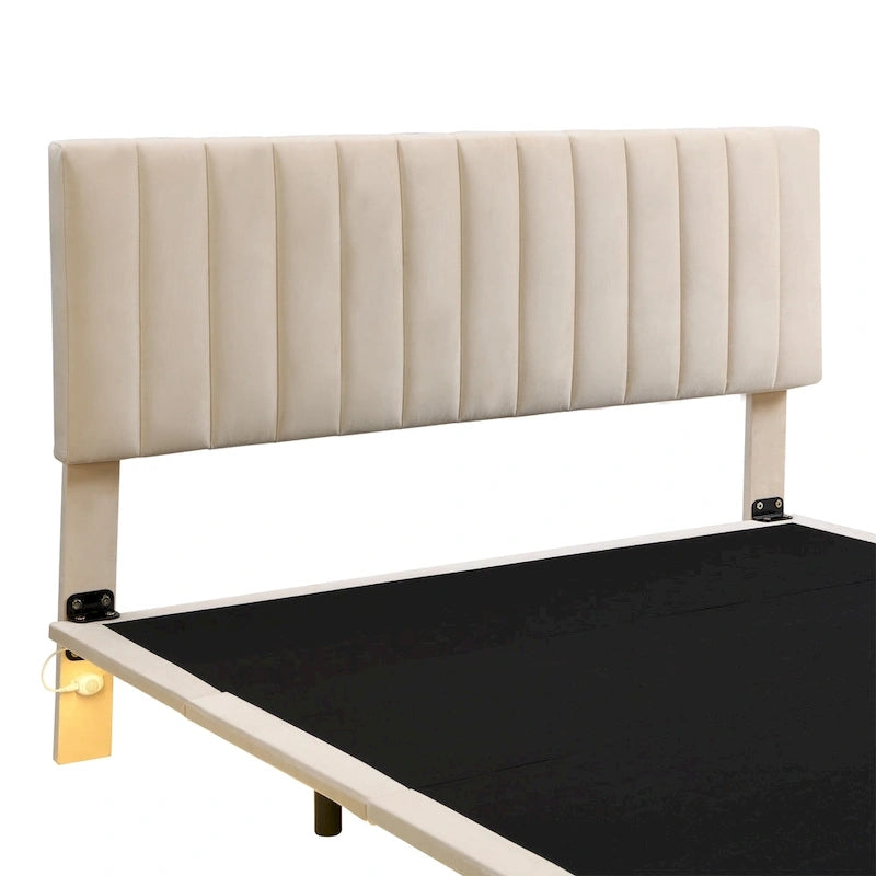 Velvet Floating Queen Upholstered Platform Bed, Sensor Light, Solid Build