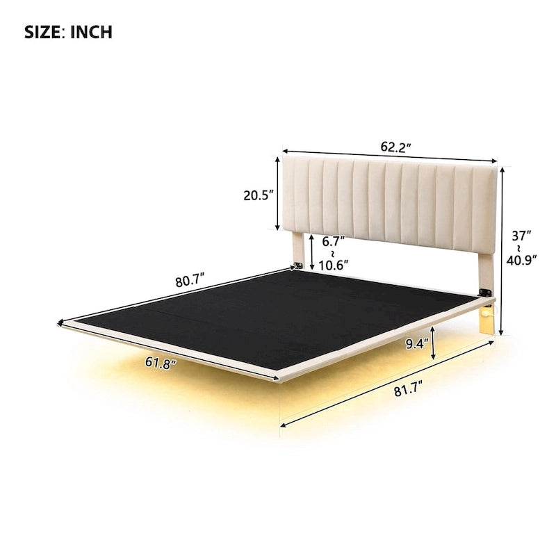 Velvet Floating Queen Upholstered Platform Bed, Sensor Light, Solid Build