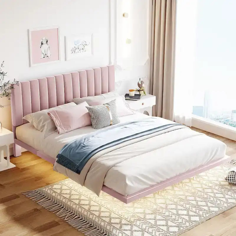 Velvet Floating Queen Upholstered Platform Bed, Sensor Light, Solid Build