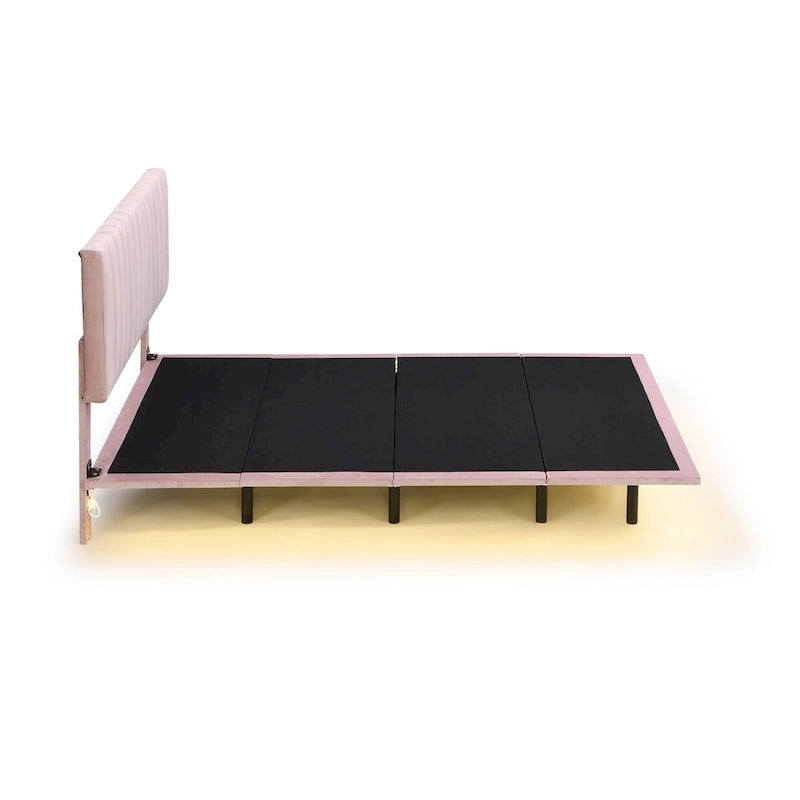 Velvet Floating Queen Upholstered Platform Bed, Sensor Light, Solid Build