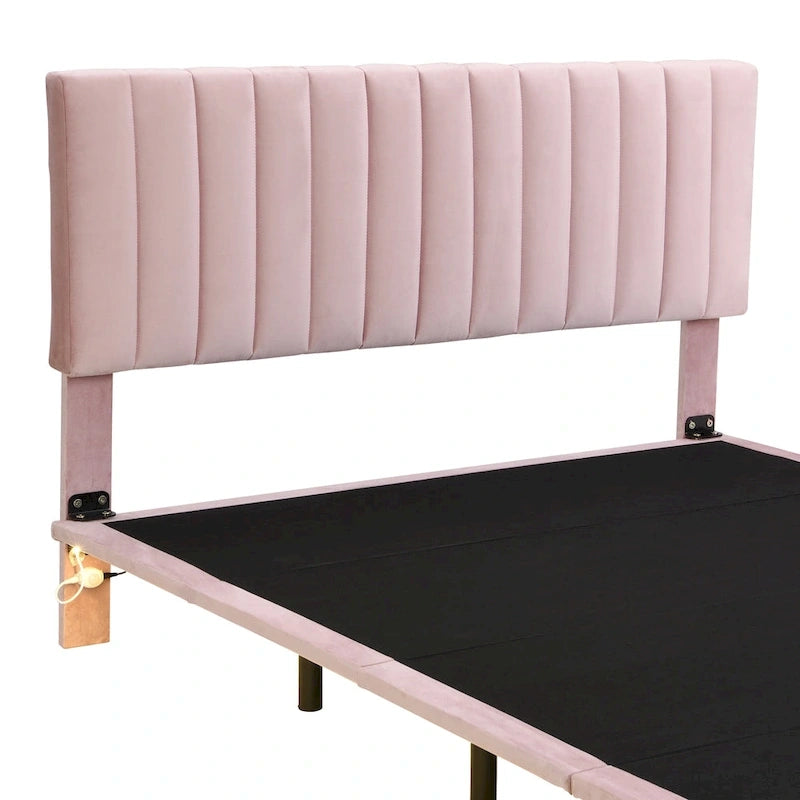 Velvet Floating Queen Upholstered Platform Bed, Sensor Light, Solid Build