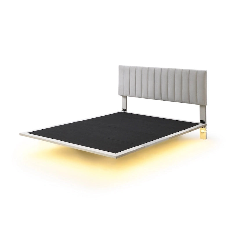 Velvet Floating Queen Upholstered Platform Bed, Sensor Light, Solid Build