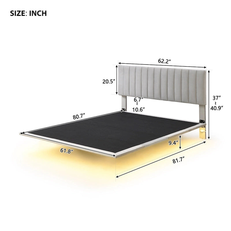 Velvet Floating Queen Upholstered Platform Bed, Sensor Light, Solid Build