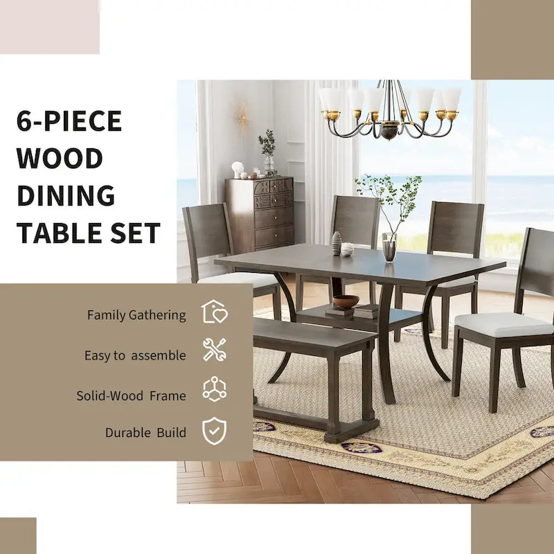 Modern Style 6-Piece Dining Table Set with 4 Removable Cushions Dining Chairs, Storage Shelf and Bench