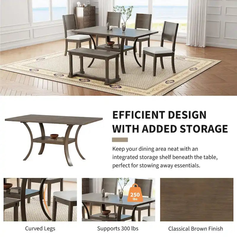 Modern Style 6-Piece Dining Table Set with 4 Removable Cushions Dining Chairs, Storage Shelf and Bench
