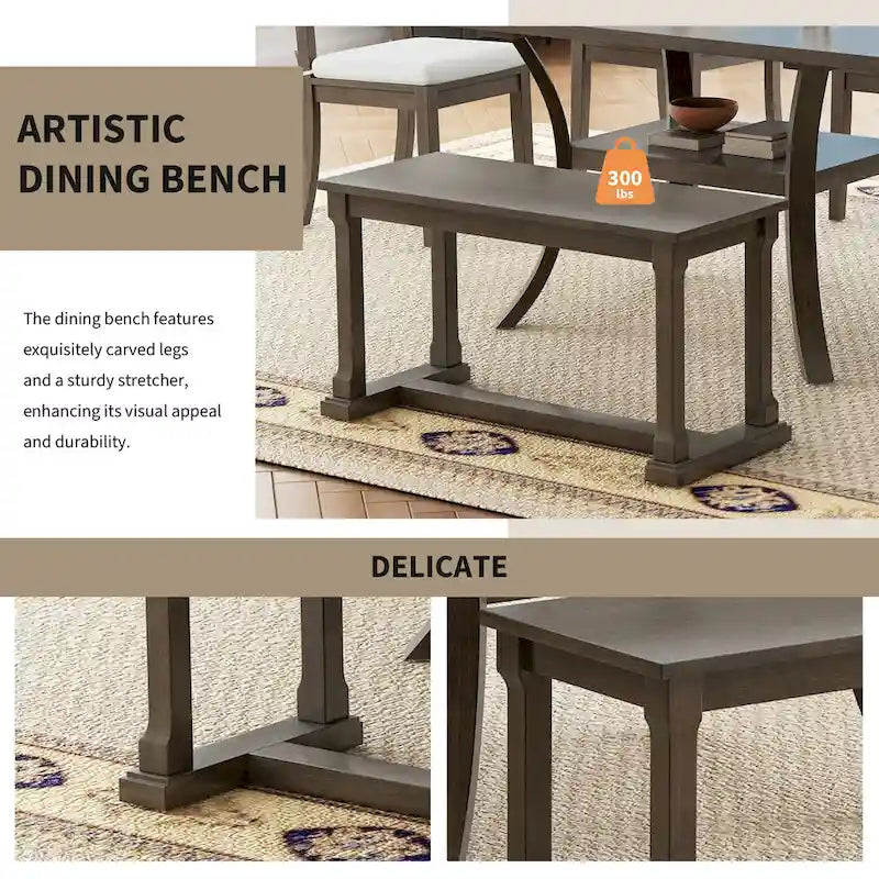 Modern Style 6-Piece Dining Table Set with 4 Removable Cushions Dining Chairs, Storage Shelf and Bench