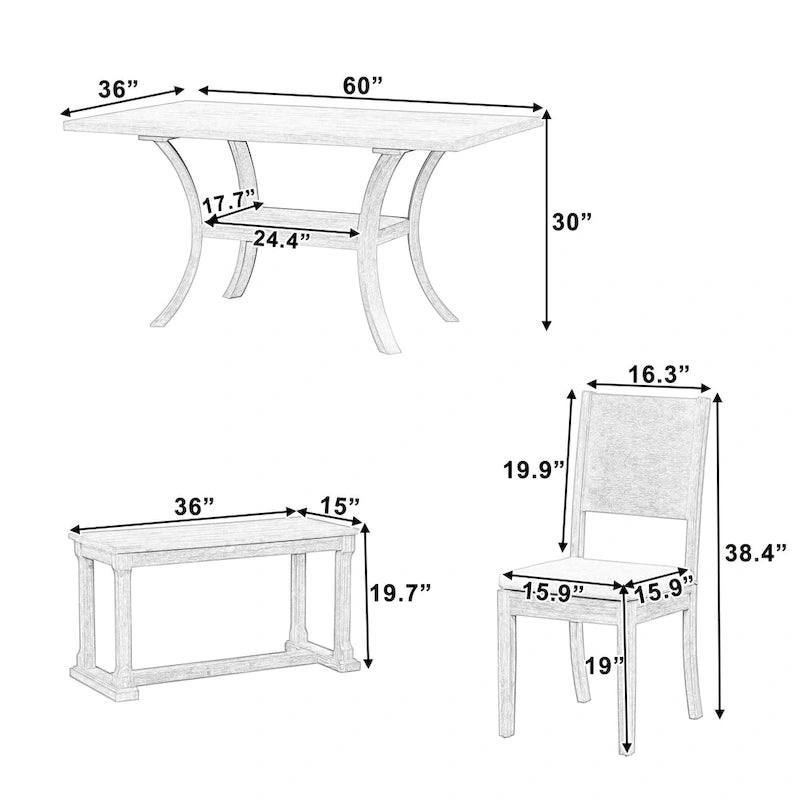 Modern Style 6-Piece Dining Table Set with 4 Removable Cushions Dining Chairs, Storage Shelf and Bench