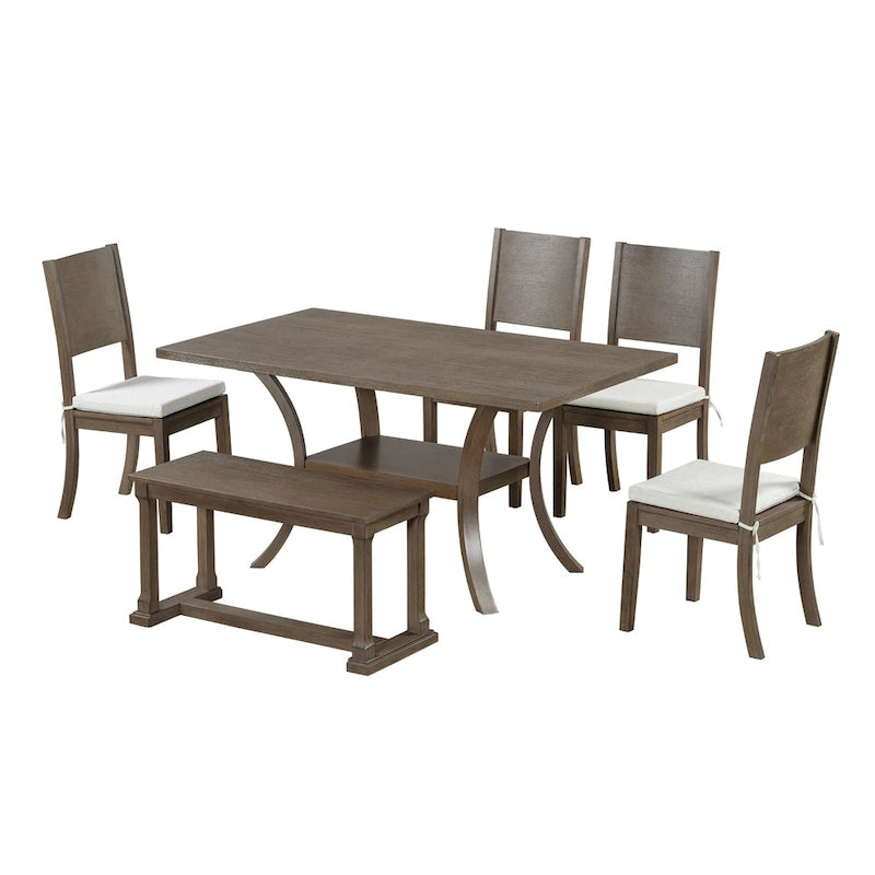 Modern Style 6-Piece Dining Table Set with 4 Removable Cushions Dining Chairs, Storage Shelf and Bench