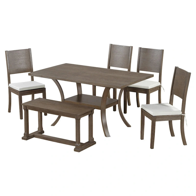 Modern Style 6-Piece Dining Table Set with 4 Removable Cushions Dining Chairs, Storage Shelf and Bench