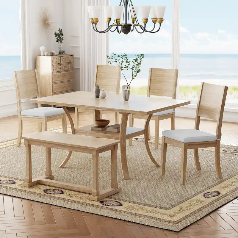 Modern Style 6-Piece Dining Table Set with 4 Removable Cushions Dining Chairs, Storage Shelf and Bench