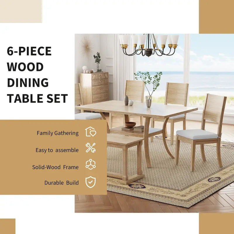 Modern Style 6-Piece Dining Table Set with 4 Removable Cushions Dining Chairs, Storage Shelf and Bench