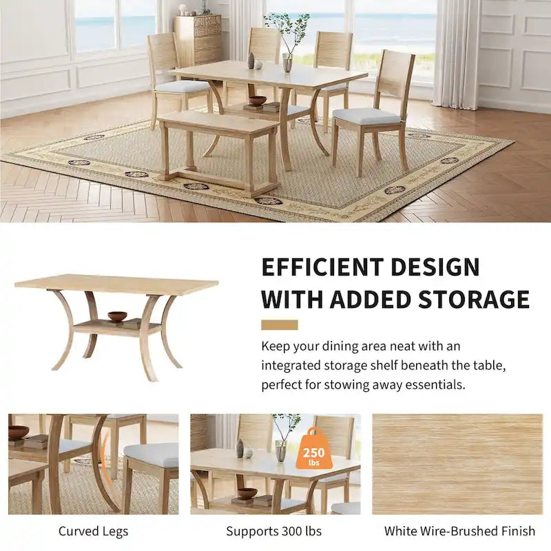 Modern Style 6-Piece Dining Table Set with 4 Removable Cushions Dining Chairs, Storage Shelf and Bench