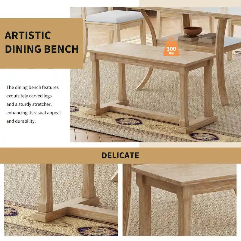 Modern Style 6-Piece Dining Table Set with 4 Removable Cushions Dining Chairs, Storage Shelf and Bench