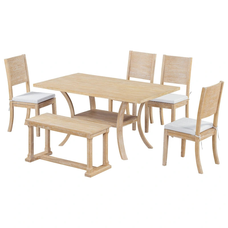 Modern Style 6-Piece Dining Table Set with 4 Removable Cushions Dining Chairs, Storage Shelf and Bench